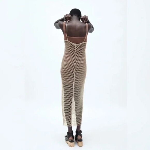 Zara Gold Metallic Mesh Maxi Dress - Sparkly V-Neck Cover-Up - Picture 4 of 6
